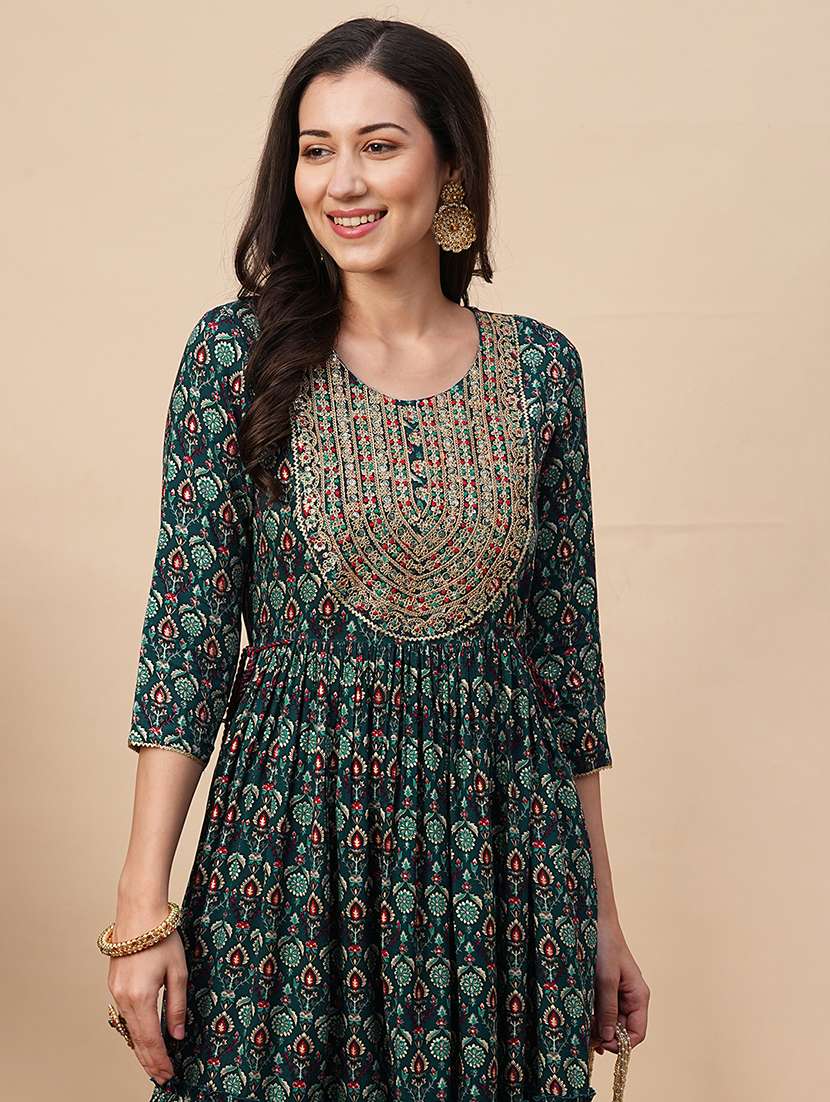 women teal floral printed flared ethnic dress - 21116261 -  Standard Image - 3