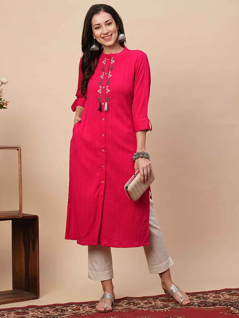pink embroidered front & side both slit kurta - 21116267 - Zoom Image - 0