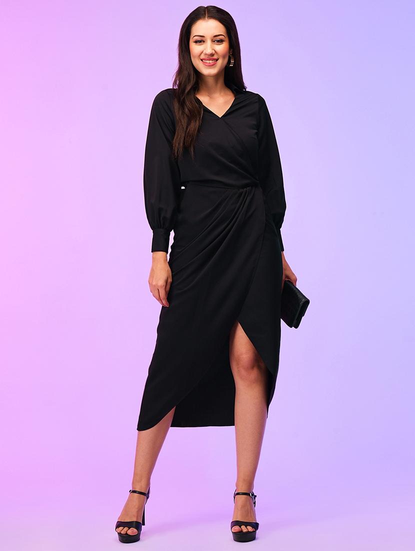globus women black cuffed sleeves wrap neck tulip hem draped midi party dress - 21116280 -  Zoom Image - 0