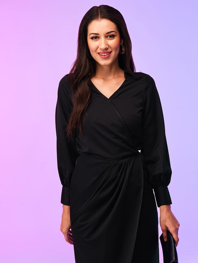 globus women black cuffed sleeves wrap neck tulip hem draped midi party dress - 21116280 - Standard Image - 3