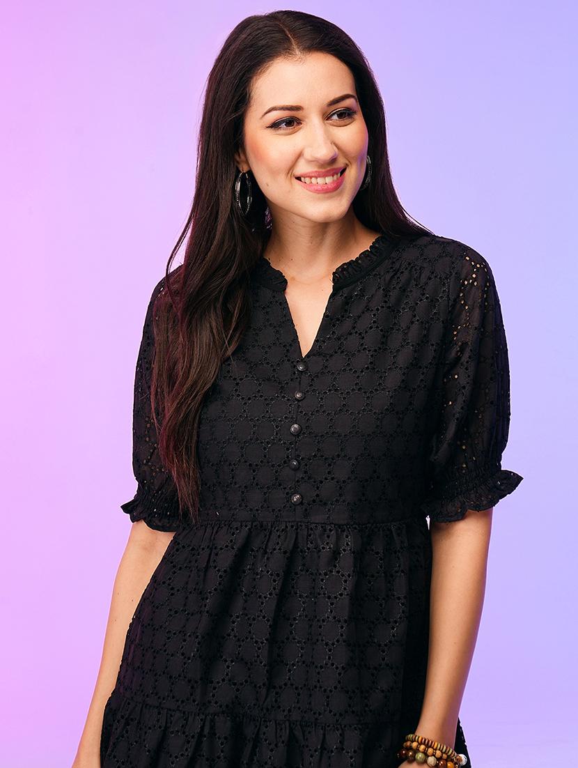 cotton black schiffli self design puff sleeves gathered tiered cotton fit & flare dress - 21116294 - Standard Image - 3