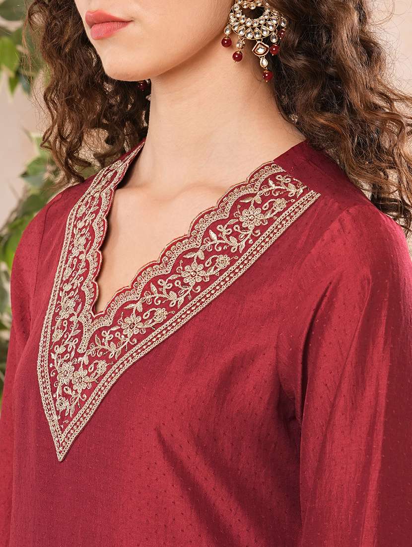 women maroon embroidered v-neck bell sleeve kurta set with fringed chiffon dupatta - 21116302 - Standard Image - 3