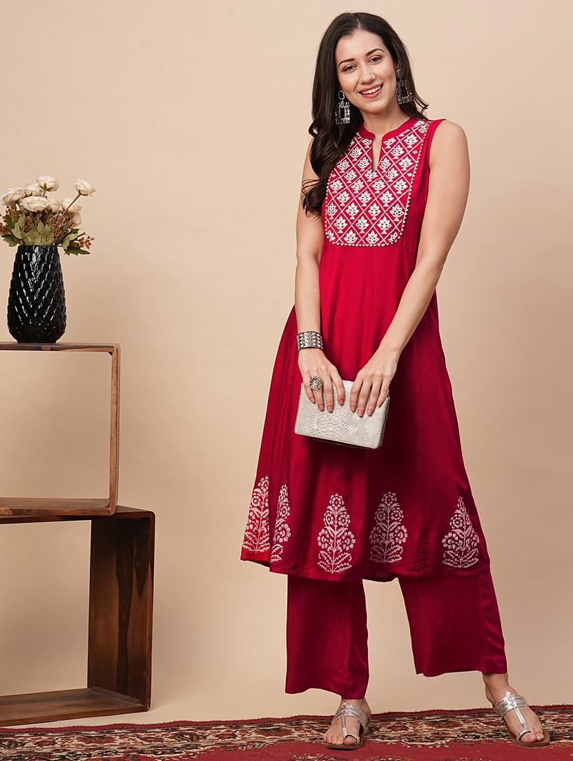 globus women red embroidered yoke panelled a-line kurta with straight pants - 21116305 - Zoom Image - 0