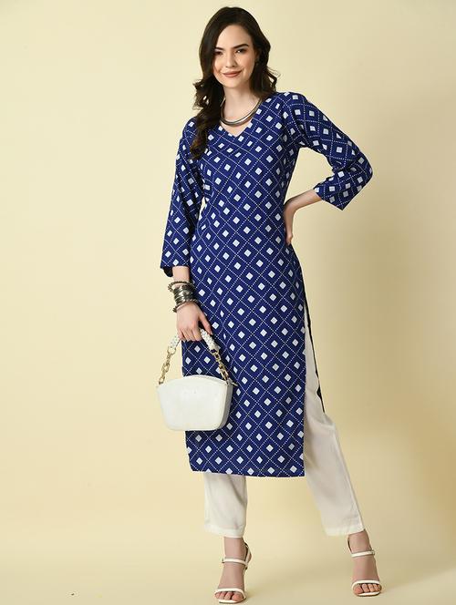 women blue printed viscose kurta - 21129002 - Standard Image - 0