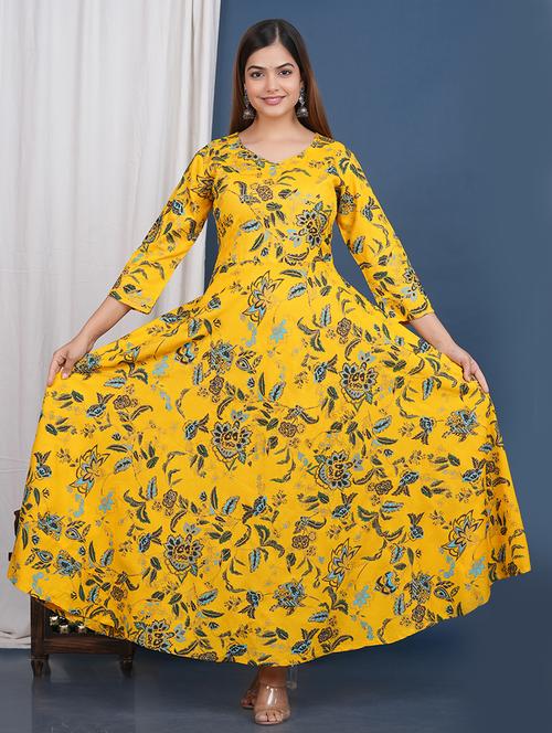 yellow viscose flared floral print kurta - 21129014 -  Standard Image - 0