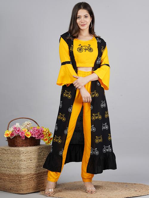 mustard & black viscose printed top, trouser & shrug co-ord set - 21129015 - Standard Image - 0