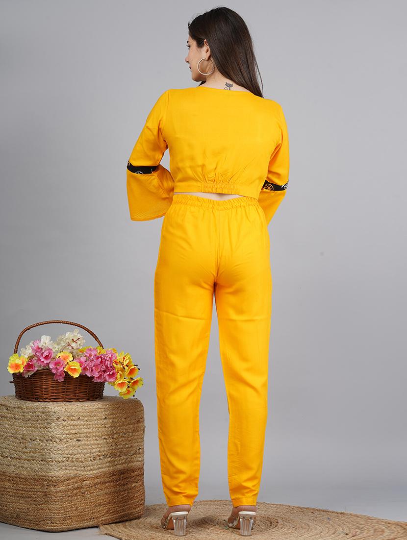 mustard & black viscose printed top, trouser & shrug co-ord set - 21129015 - Standard Image - 3