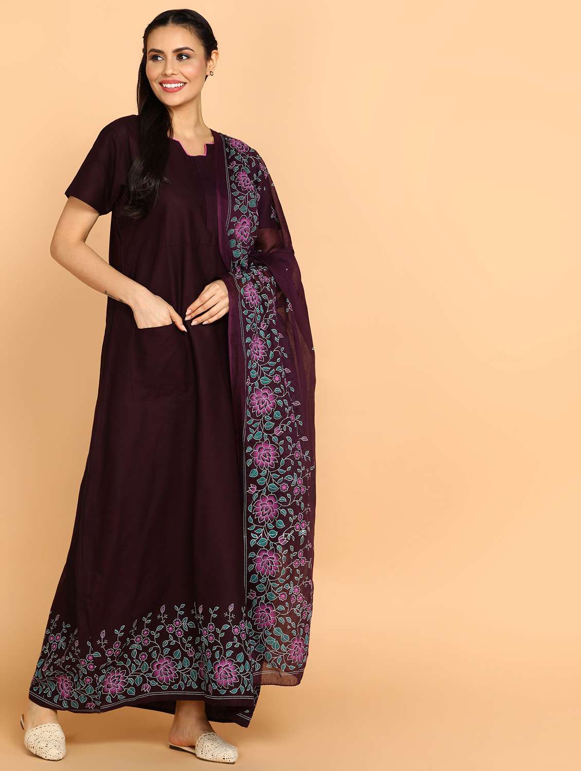 women burgundy printed cotton nighty  - 21129945 -  Zoom Image - 0