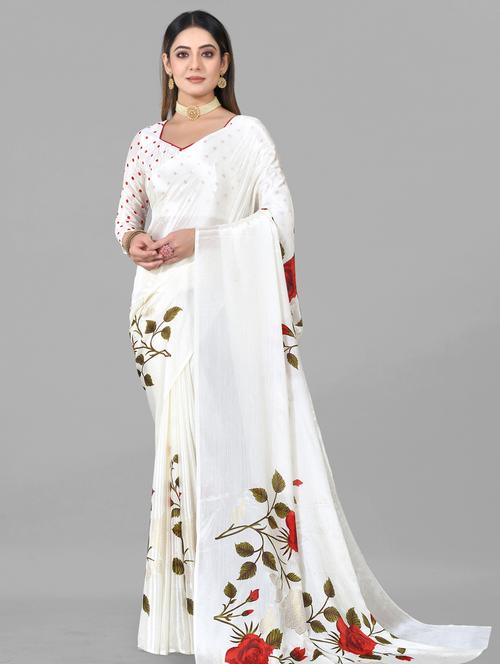 white chiffon printed saree with blouse - 21130234 -  Standard Image - 0