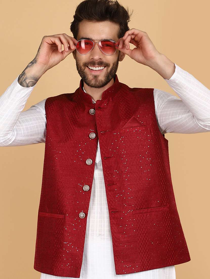 red solid with work nehru jacket - 21131063 -  Standard Image - 3