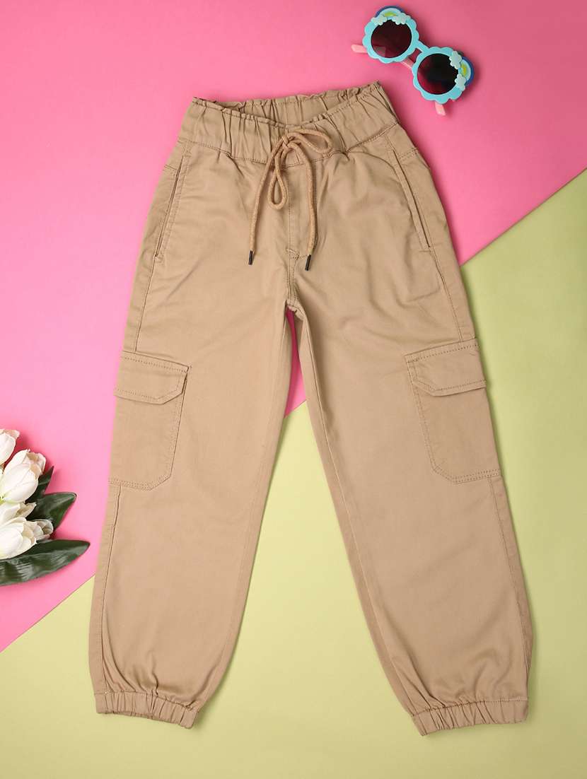 girls beige solid mid rise cargo