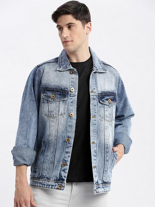men denim jacket with spread collar - 21132360 - Standard Image - 0