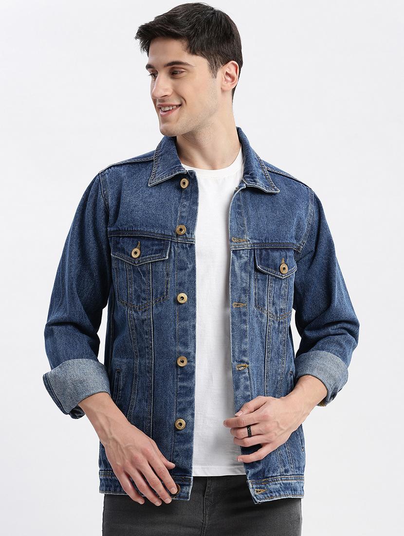 men denim jacket with spread collar