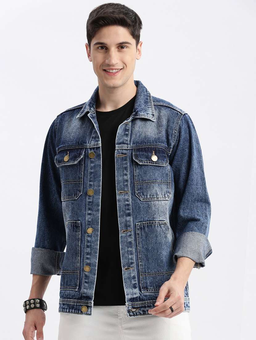 men denim jacket with spread collar