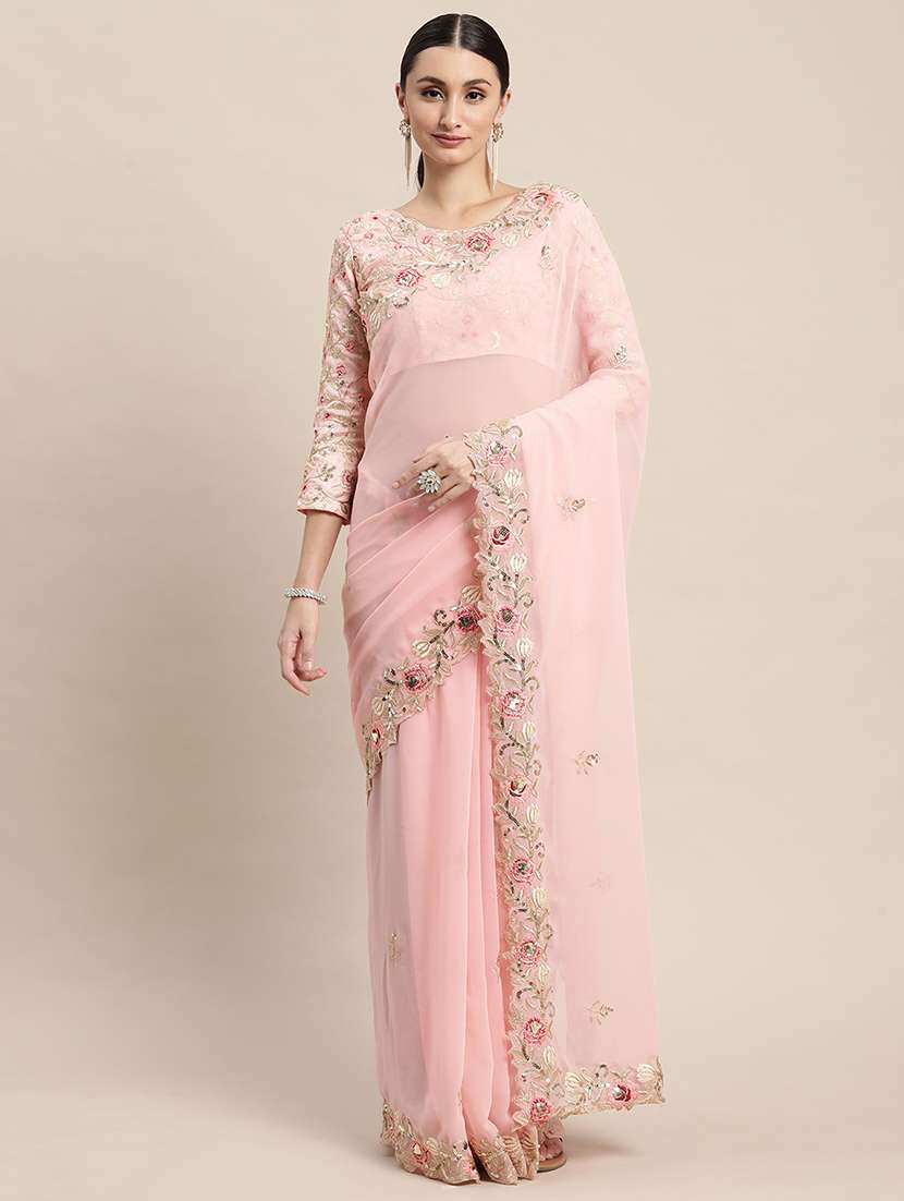 peach georgette embroidered saree with blouse