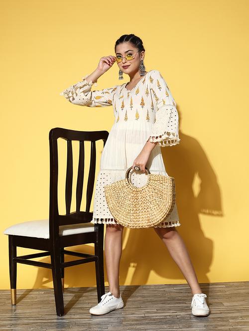 off white printed fit & flare dress - 21134440 - Standard Image - 0