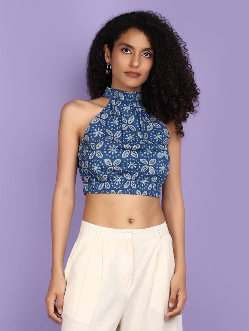 women blue cotton crop top