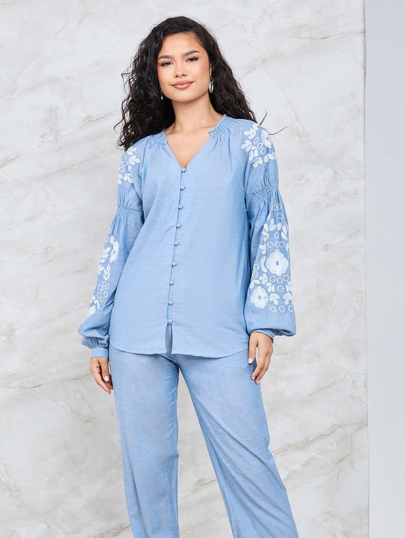 women blue cotton top and trouser co-ord set - 21135485 -  Standard Image - 3