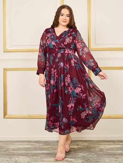 women maroon floral printed fit & flare dress - 21135541 -  Standard Image - 0