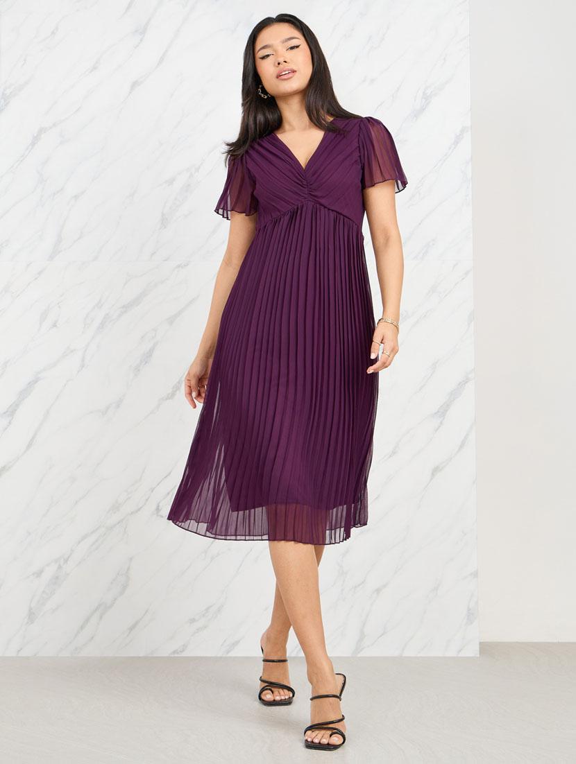 women purple solid short sleeve a-line dress - 21135585 - Zoom Image - 0