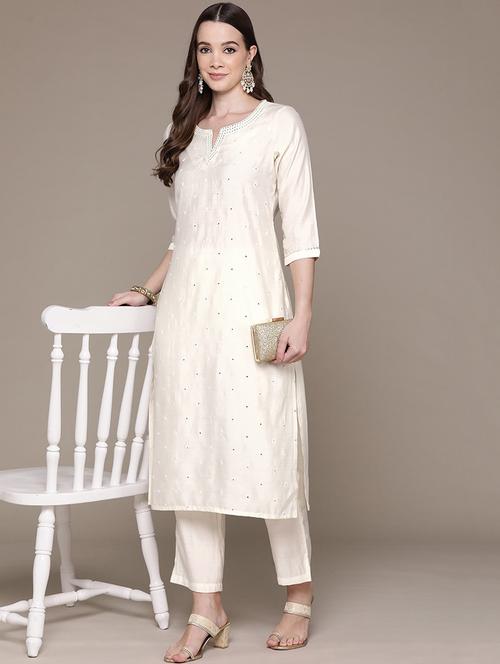 women cream notch neck kurta pant set - 21135994 - Standard Image - 0