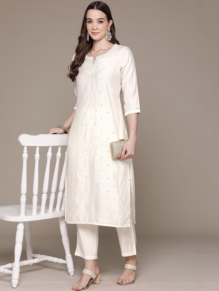 women cream notch neck kurta pant set - 21135994 - Zoom Image - 0