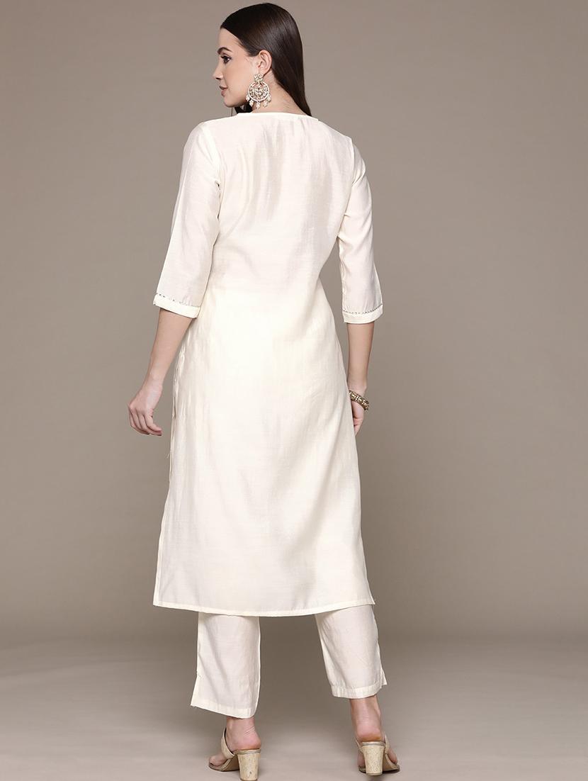 women cream notch neck kurta pant set - 21135994 - Standard Image - 3