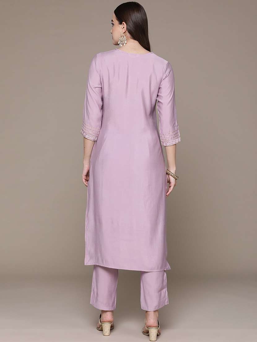 women lavender round neck kurta pant set - 21135997 -  Standard Image - 3