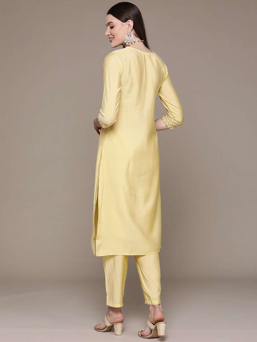women yellow round neck kurta pant set - 21135998 -  Standard Image - 3