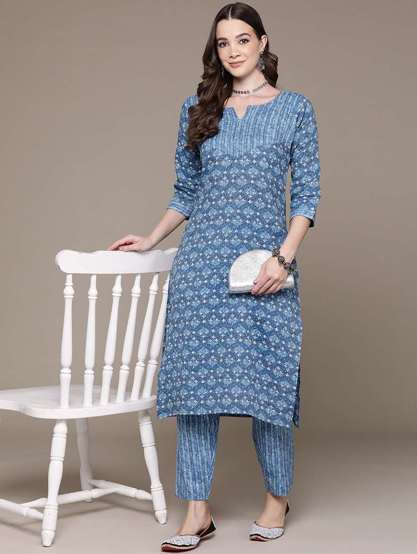 women blue three quarter sleeve kurta pant set