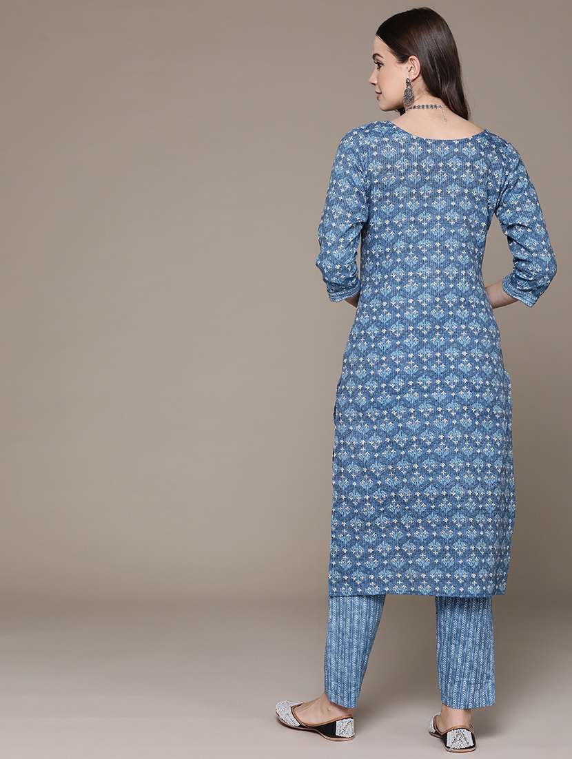 women blue three quarter sleeve kurta pant set - 21136023 -  Standard Image - 3