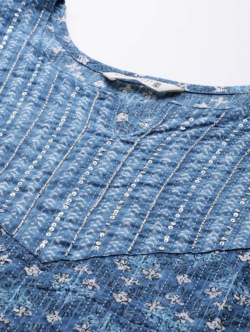 women blue three quarter sleeve kurta pant set - 21136023 -  Standard Image - 5