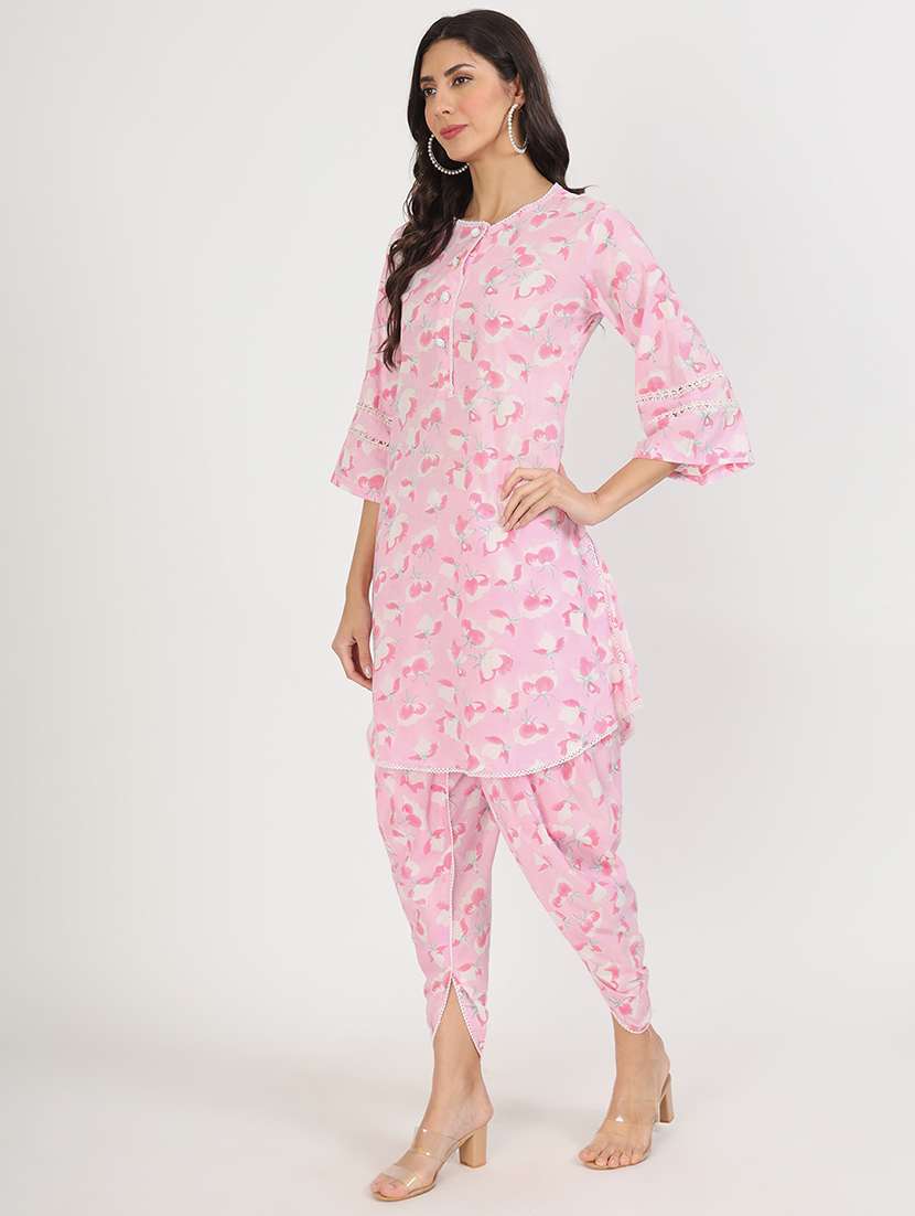 Women Pink Floral Dhoti Kurta Set