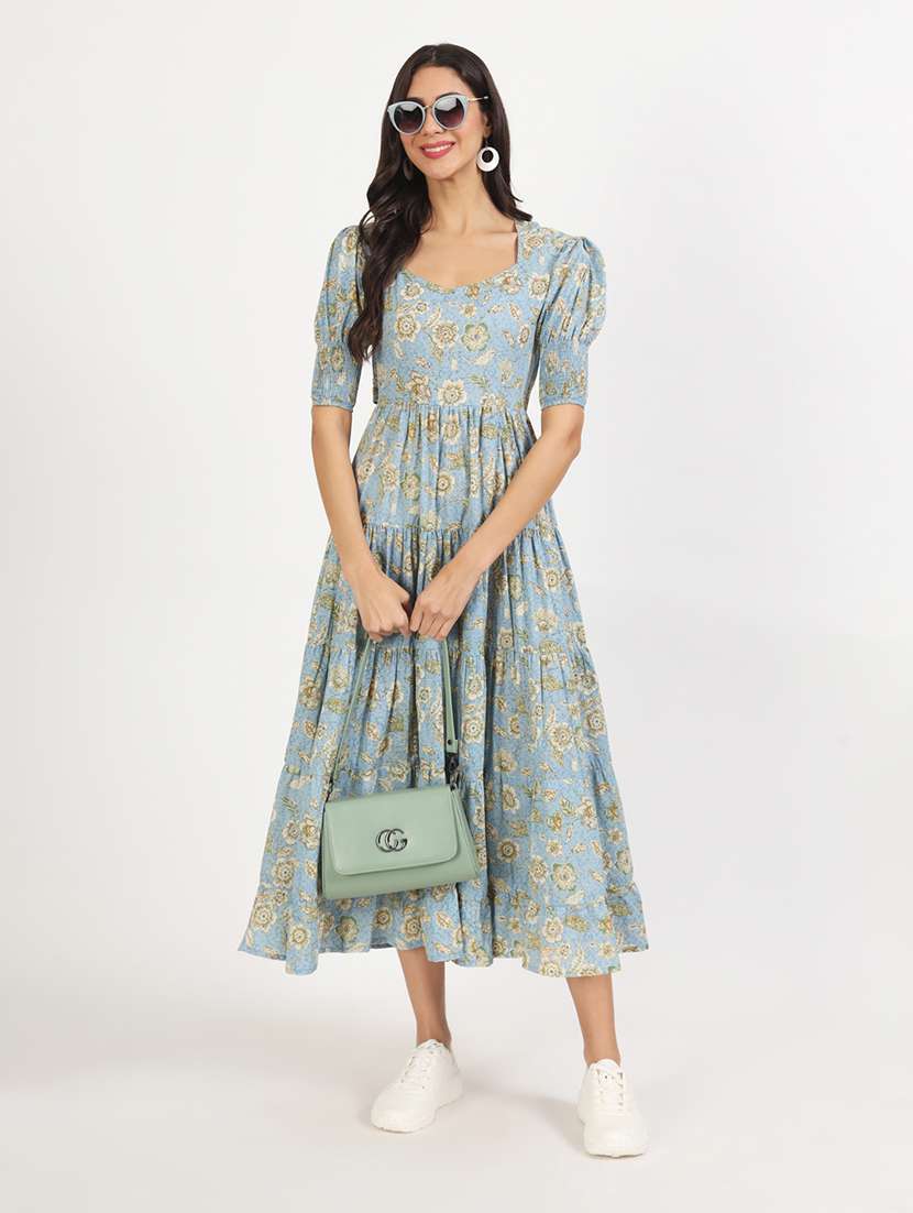 Women Light Blue Florals Printed Tiered Dress