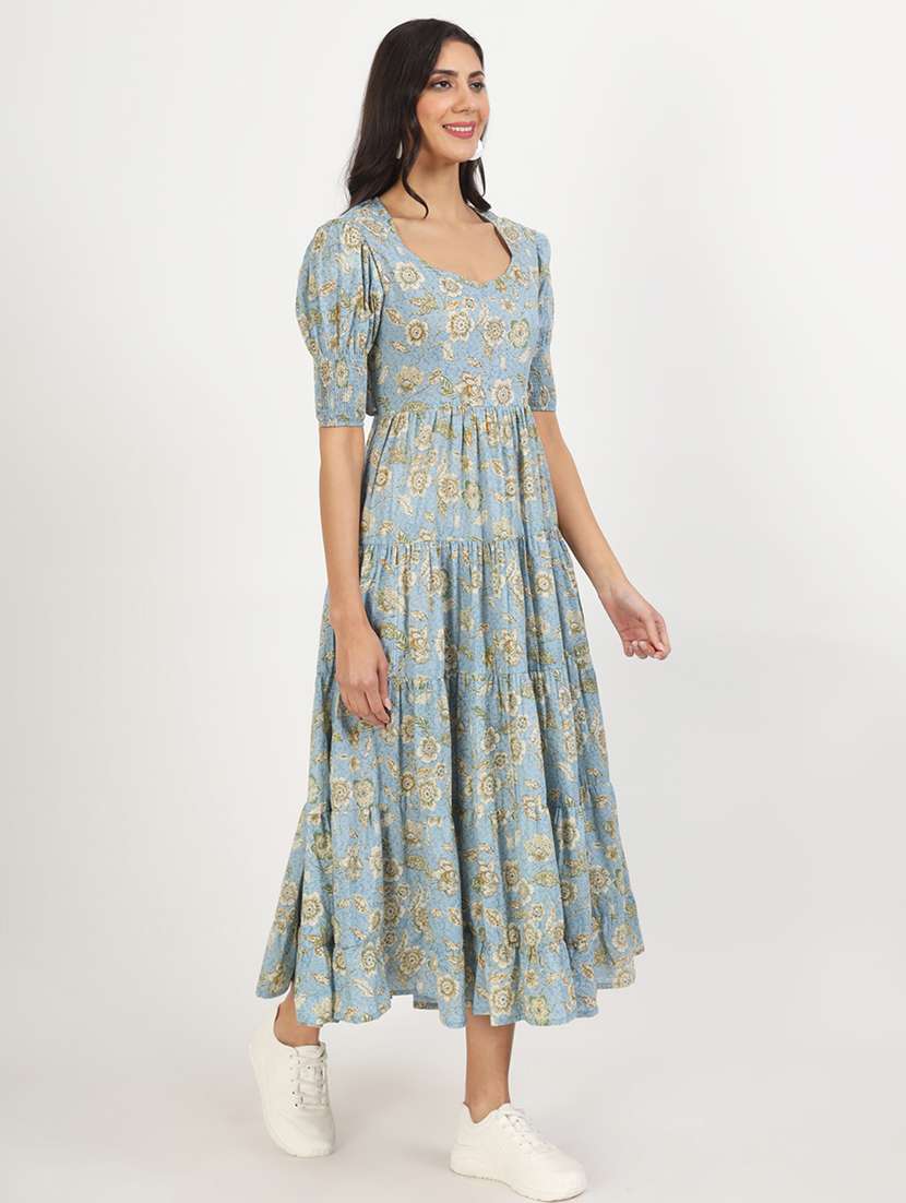 Women Light Blue Florals Printed Tiered Dress