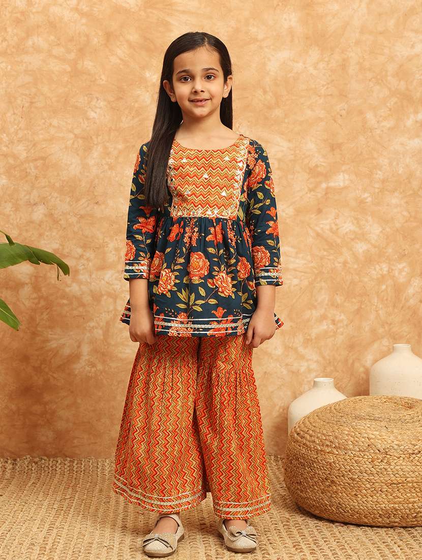 girls printed kurta sharara suit set
