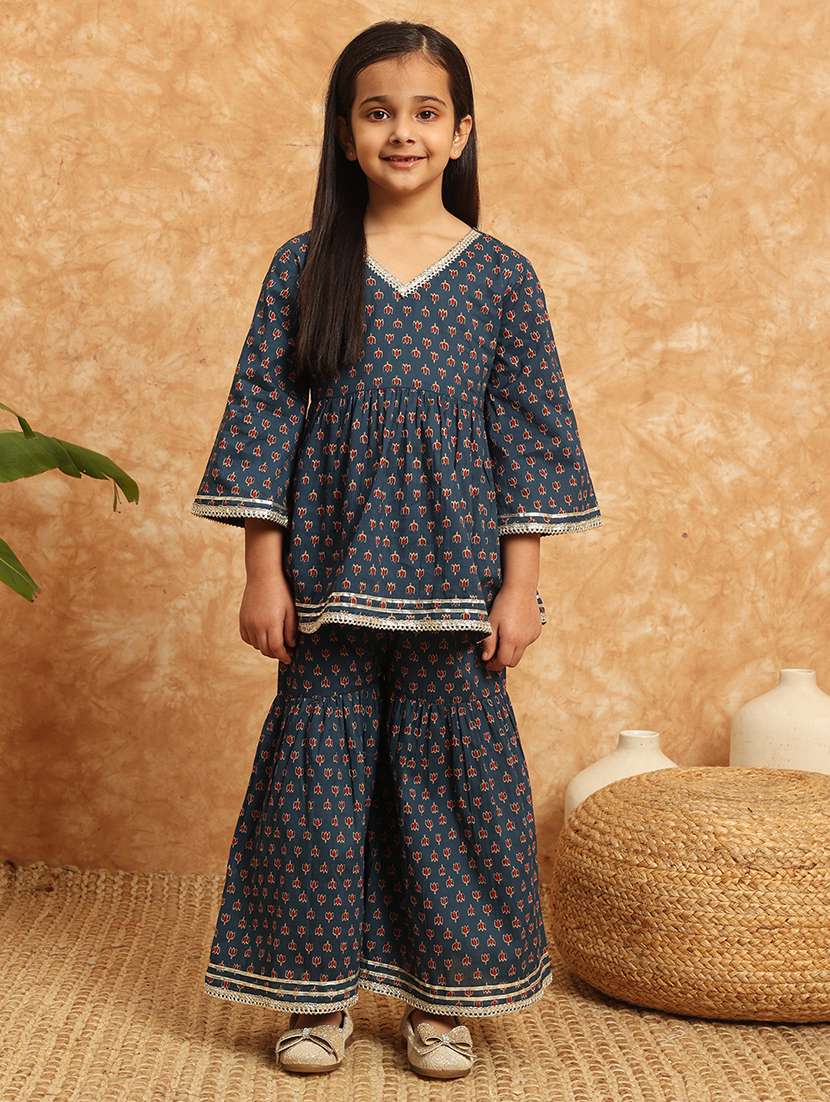 girls printed kurta sharara suit set