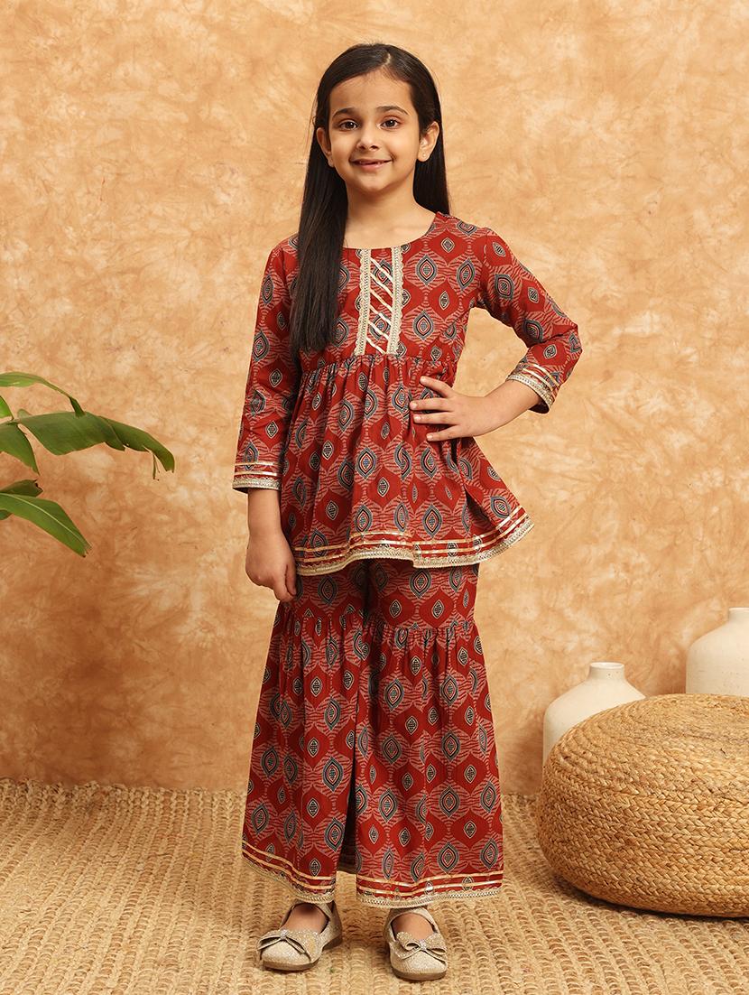 girls printed kurta sharara suit set
