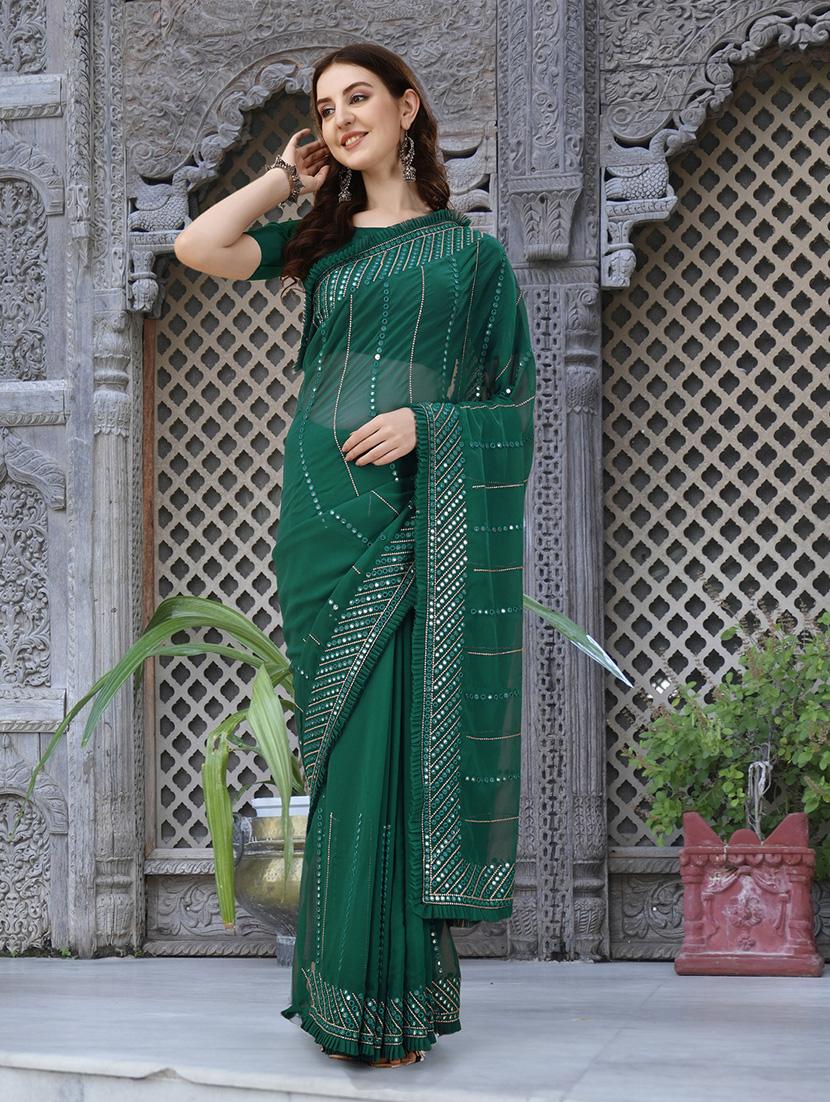 women solid with work saree with blouse - 21139856 - Zoom Image - 0