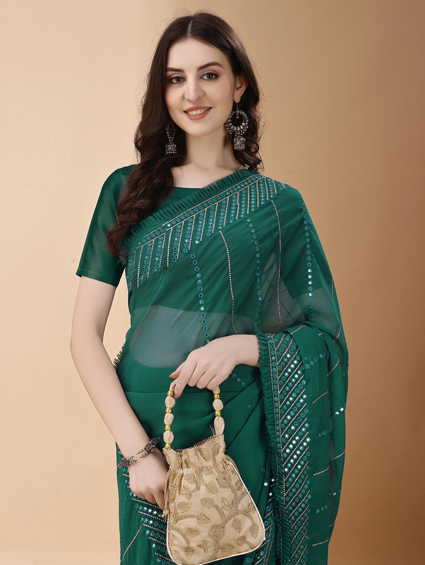 women solid with work saree with blouse - 21139856 - Standard Image - 3