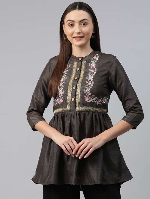 brown embroidered detailed kurti - 21142493 -  Standard Image - 0