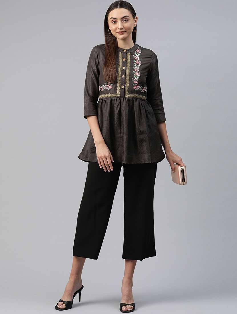 brown embroidered detailed kurti - 21142493 - Standard Image - 3