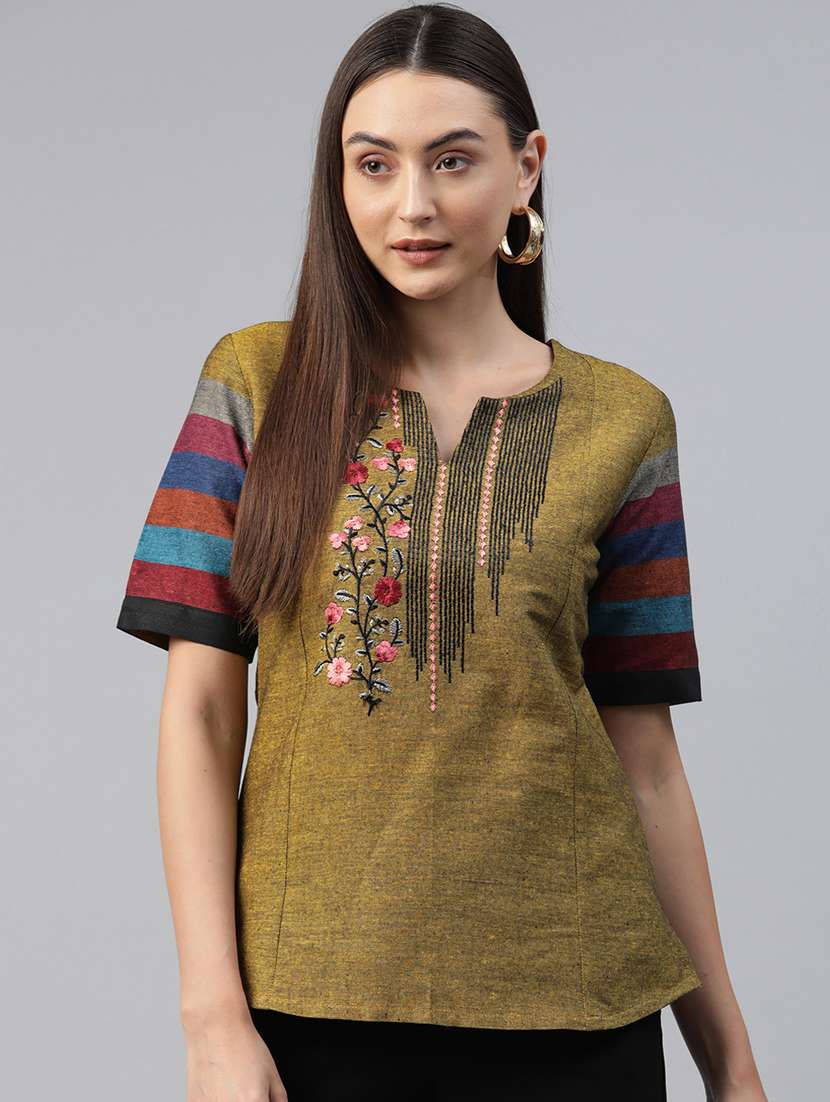 mustard embroidered detailed kurti