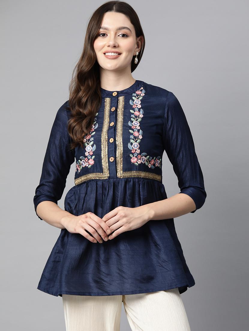 navy blue embroidered detailed kurti - 21142523 - Zoom Image - 0