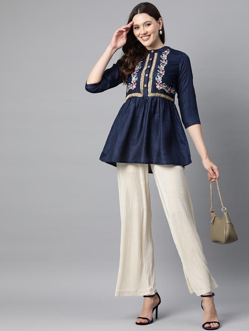 navy blue embroidered detailed kurti - 21142523 - Standard Image - 3