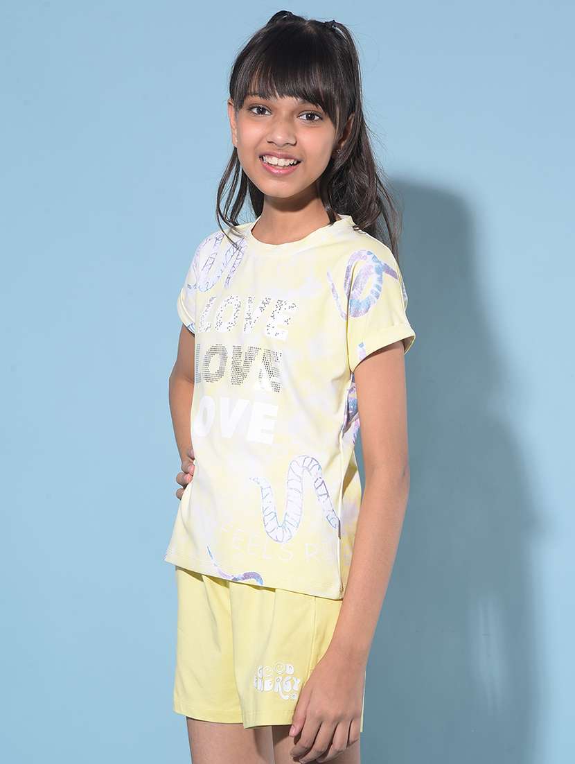 yellow cotton blend front print tee