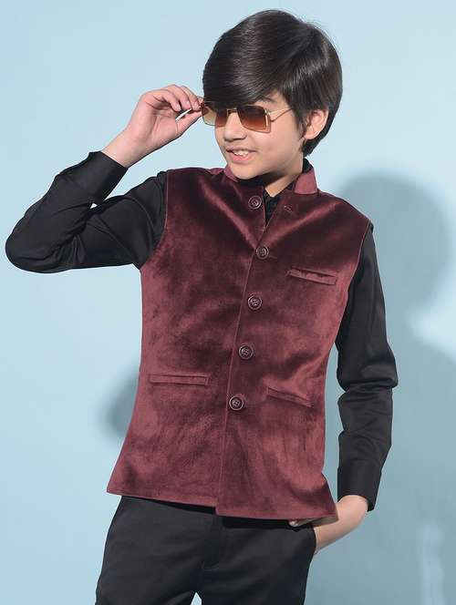 solid burgundy nehru jacket - 21142893 -  Standard Image - 0