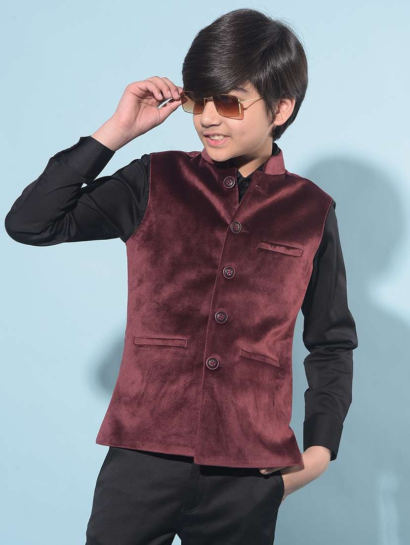 solid burgundy nehru jacket - 21142893 -  Zoom Image - 0