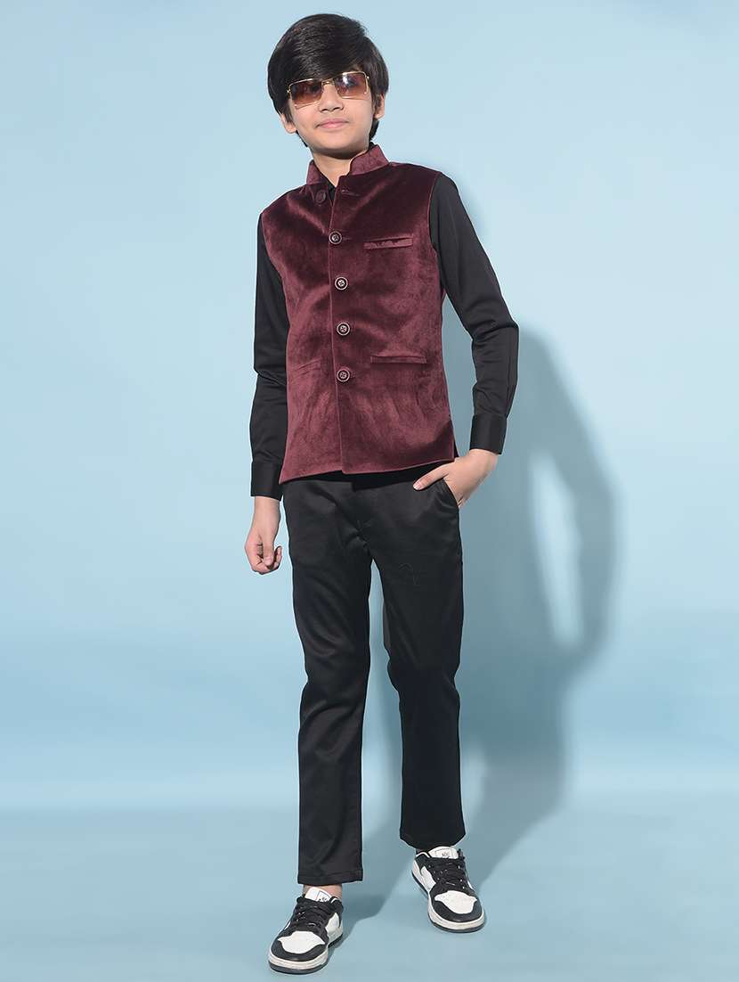 solid burgundy nehru jacket - 21142893 -  Standard Image - 3
