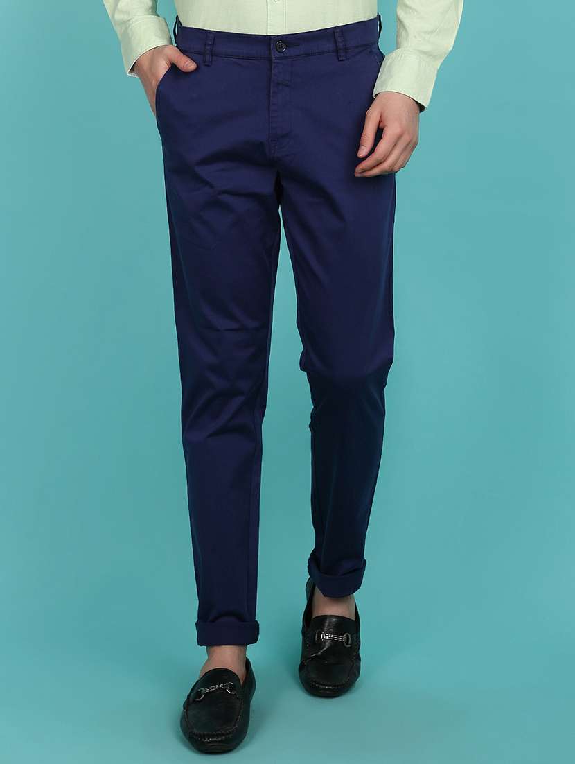 blue cotton blend casual trouser